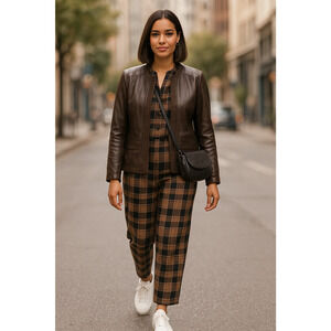 Tahari Woman 100% Leather Jacket Brown Suede Trim Open Front Pockets Boho Chic L